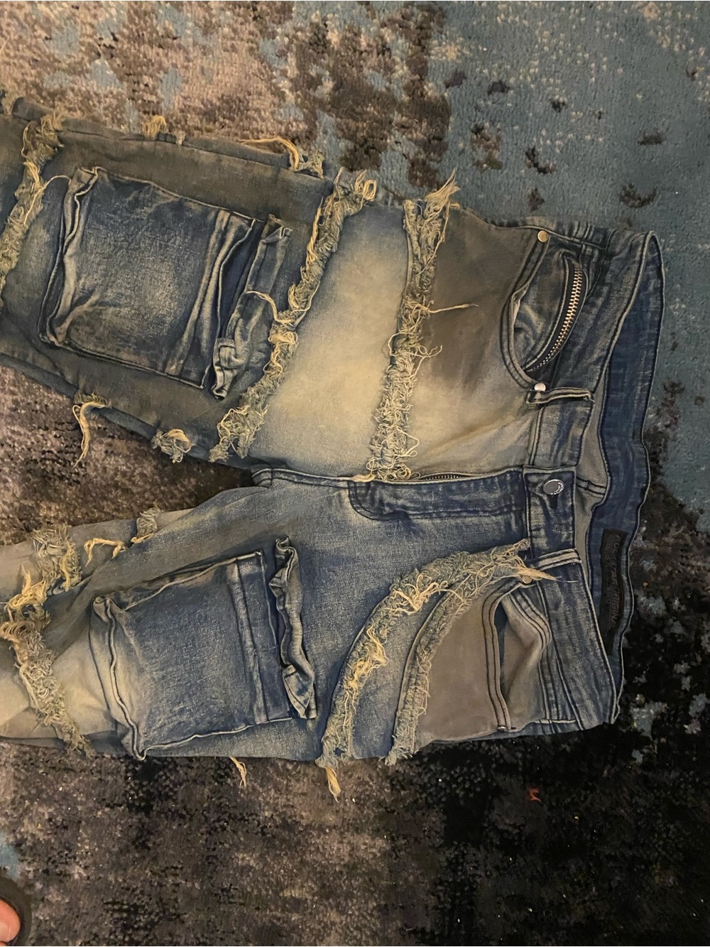 Men's Skinny Distressed Washed Blue Jeans - Frayed Panel Detail - Picture 4 of 7
